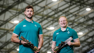 <p>Ireland and Leinster back-row Caelan Doris, and Ireland Women’s star, Aoife Wafer. Pic: Ben Brady/Inpho</p>
