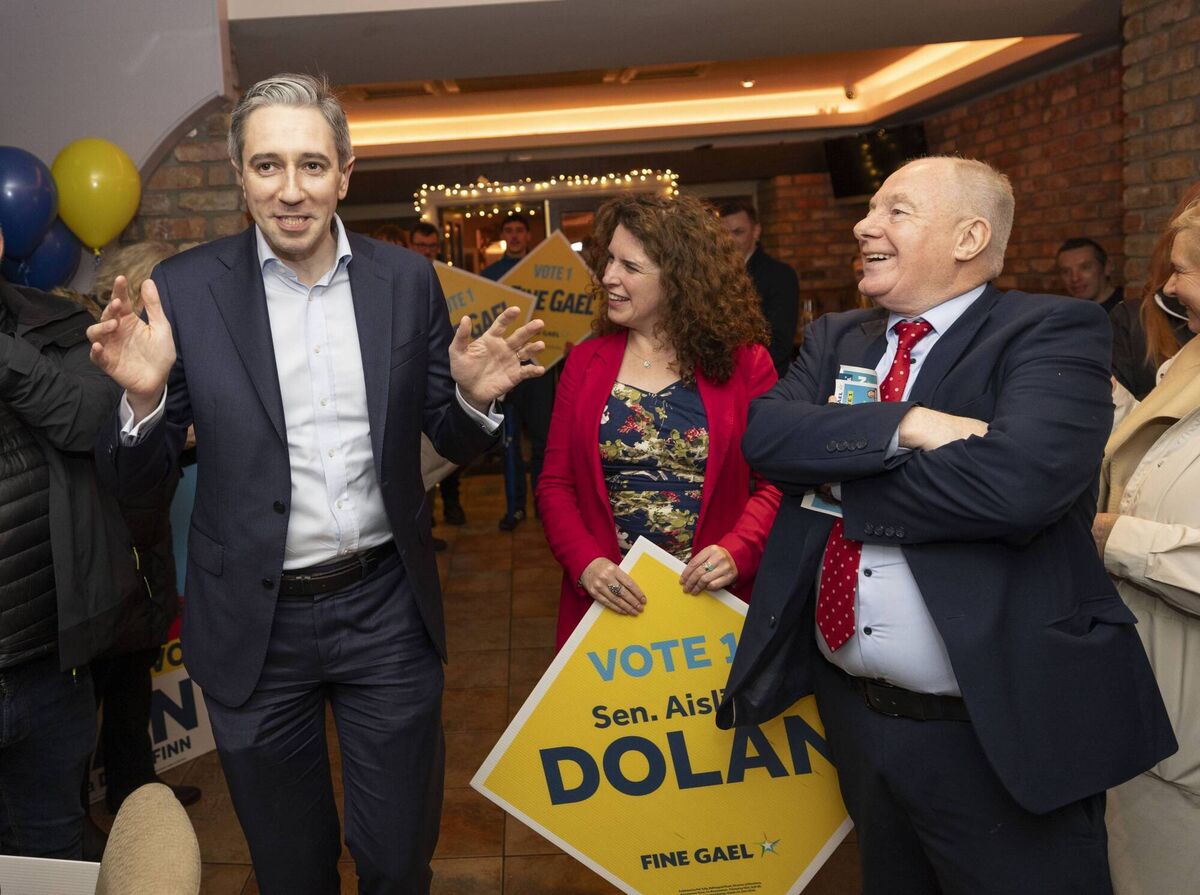 Taoiseach Simon Harris in Roscommon with Senator Aisling Dolan and Michael Ring during his whistle-stop tour on Tuesday. Picture: Fergal Phillips