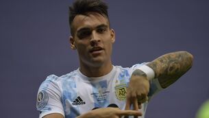 <p>Lautaro Martinez celebrates a goal for Argentina.</p>