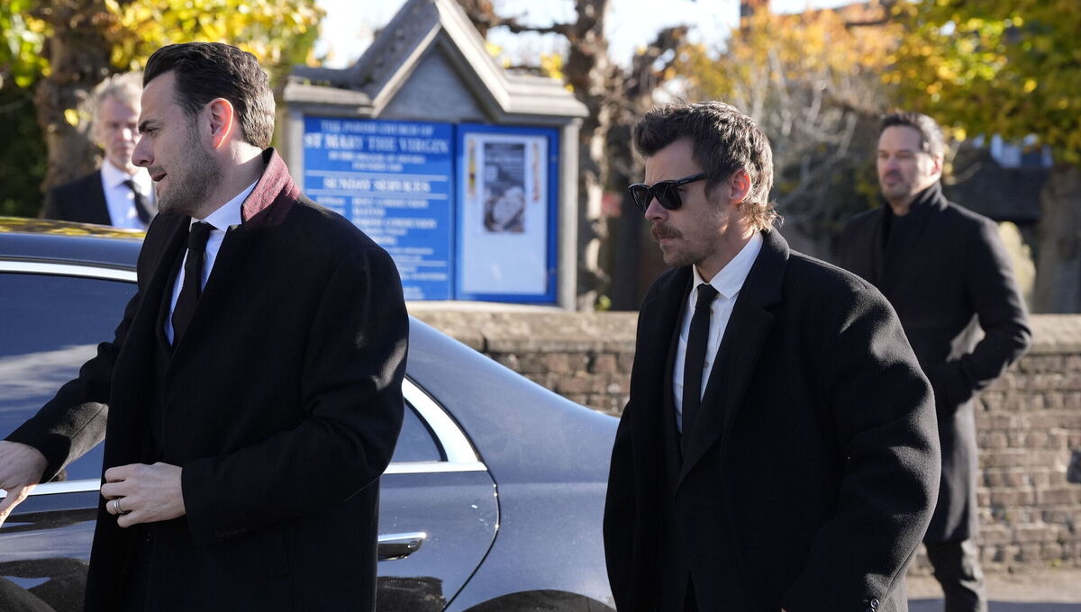 Harry Styles (right) arrives for the funeral service of One Direction singer Liam Payne. Picture: Andrew Matthews/PA Wire