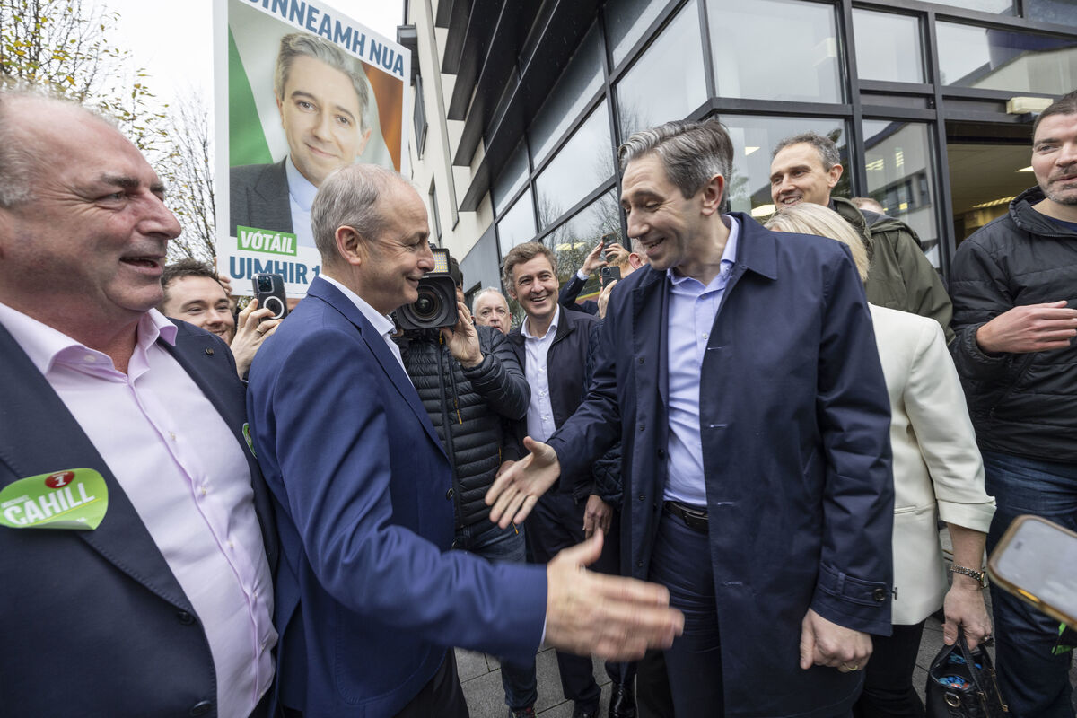 Taoiseach Simon Harris and Tánaiste Micheál Martin canvassing voters in Killorglin, Co Kerry.