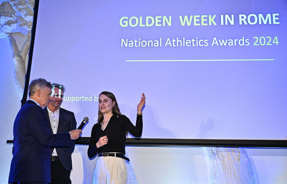 Ciara Mageean is interviewed by MC Greg Allen during the award ceremony. Picture: Sam Barnes/Sportsfile