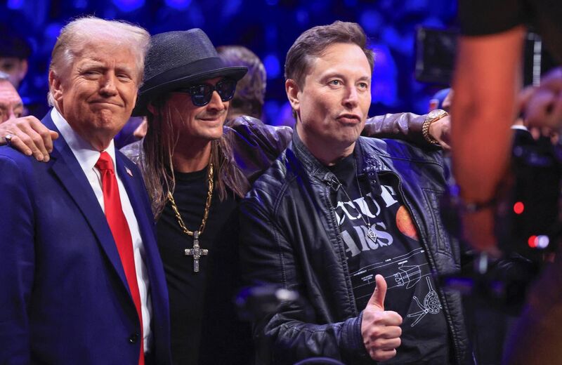(L-R) US President-elect Donald Trump, singer Kid Rock and Tesla and SpaceX CEO Elon Musk pose for a photo as they attend UFC 309 at Madison Square Garden in New York, on November 16, 2024. (Photo by Kena Betancur / AFP) (Photo by KENA BETANCUR/AFP via Getty Images)