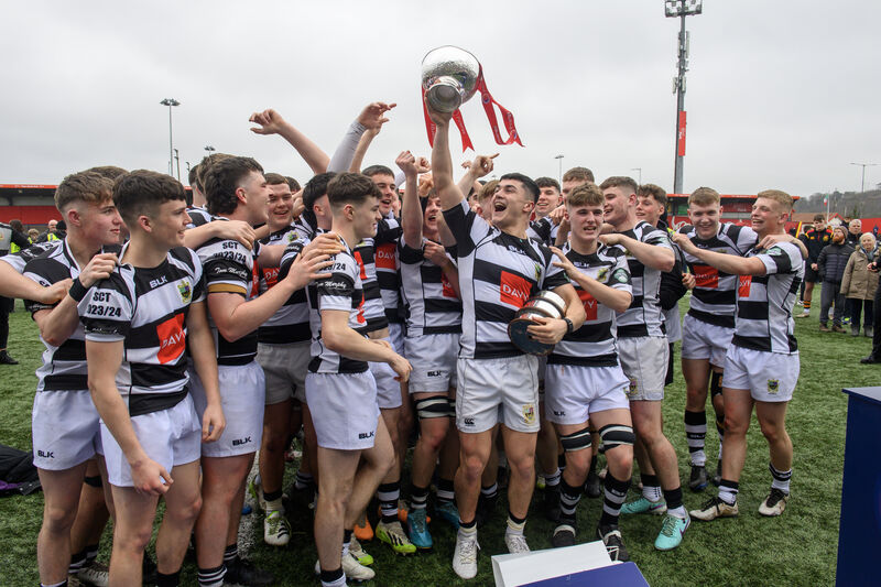 Former PBC captain Gene O'Leary Kareem celebrates with his team after their victory over CBC in the Pinergy Munster Schools Senior Cup final at Virgin Media Park. Pic: Dan Linehan Former PBC captain Gene O'Leary Kareem celebrates with his team after their victory over CBC in the Pinergy Munster Schools Senior Cup final at Virgin Media Park. Pic: Dan Linehan