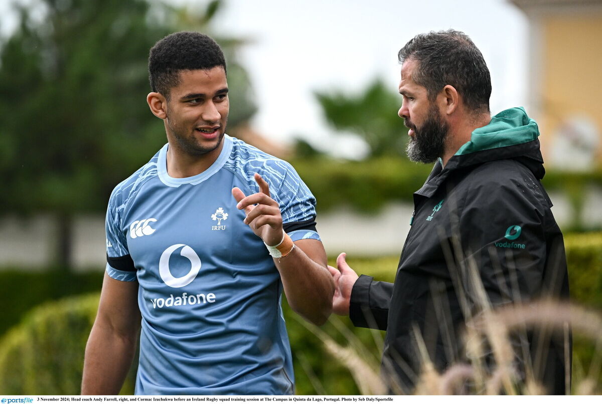 Head coach Andy Farrell, right, and Cormac Izuchukwu before an Ireland Rugby squad training session. Pic: Seb Daly/Sportsfile Head coach Andy Farrell, right, and Cormac Izuchukwu before an Ireland Rugby squad training session. Pic: Seb Daly/Sportsfile