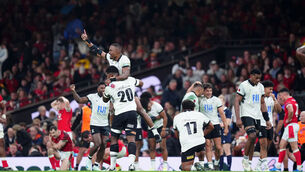 <p>ON A HIGH: Fiji's Jiuta Wainiqolo celebrates their side's win after the Autumn international match at Principality Stadium.</p>