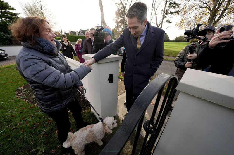 Taoiseach Simon Harris canvassing at Avoca in Malahide Castle, Dublin. He said the Green Party had a very 'positive role' in government, and the outgoing coalition had made considerable progress to reduce carbon emissions. Picture: Brian Lawless/PA