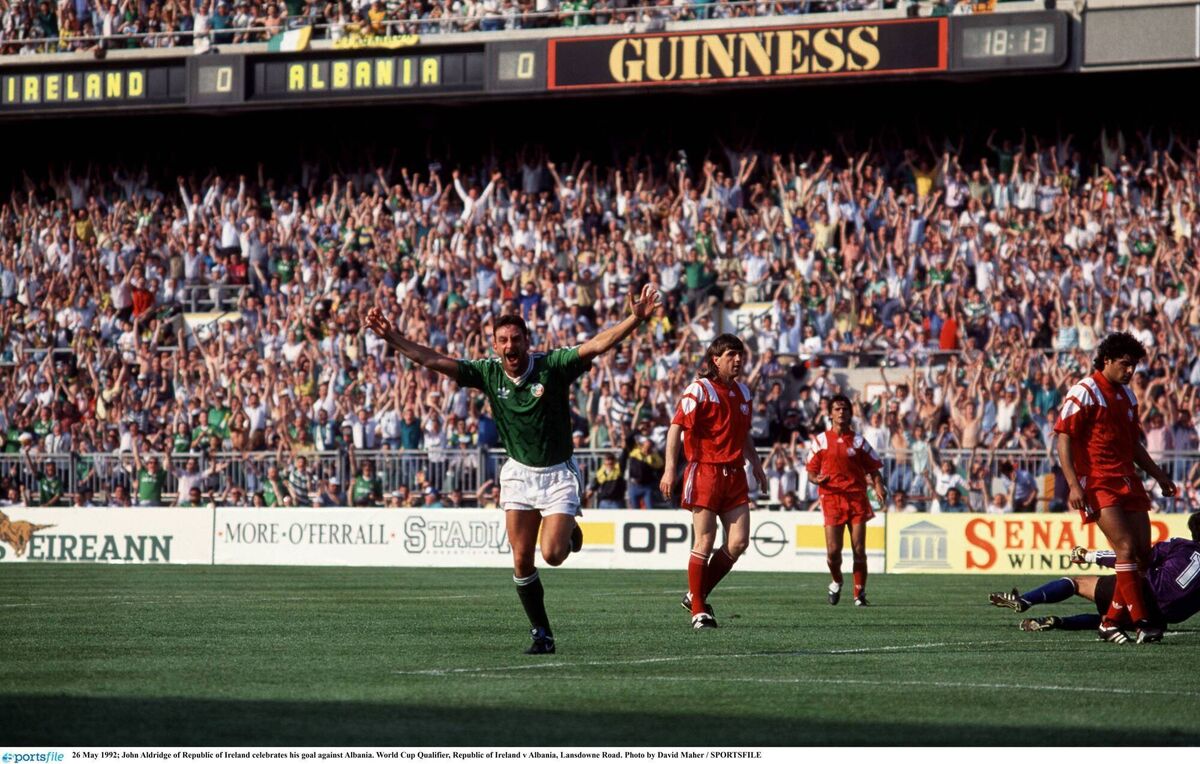 John Aldridge of Republic of Ireland celebrates his goal against Albania in the 1992 World Cup Qualifier, Photo by David Maher / SPORTSFILE