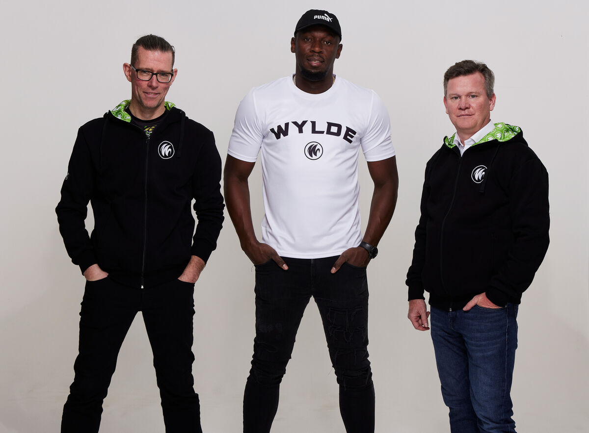 Founders of WYLDE esports organisation, Steve Daly (left) and David Cronin (right) with Usain Bolt, pictured at the 2022 announcement that Bolt was joining the business as co-owner