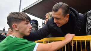 <p>Rocco Vata of Republic of Ireland with his father, former Celtic and Albanian footballer Rudi, after the UEFA U17 Championship Qualifying Round Group 5 match between Republic of Ireland and Poland at Turner's Cross in Cork in 2021. Photo by Eóin Noonan/Sportsfile </p>