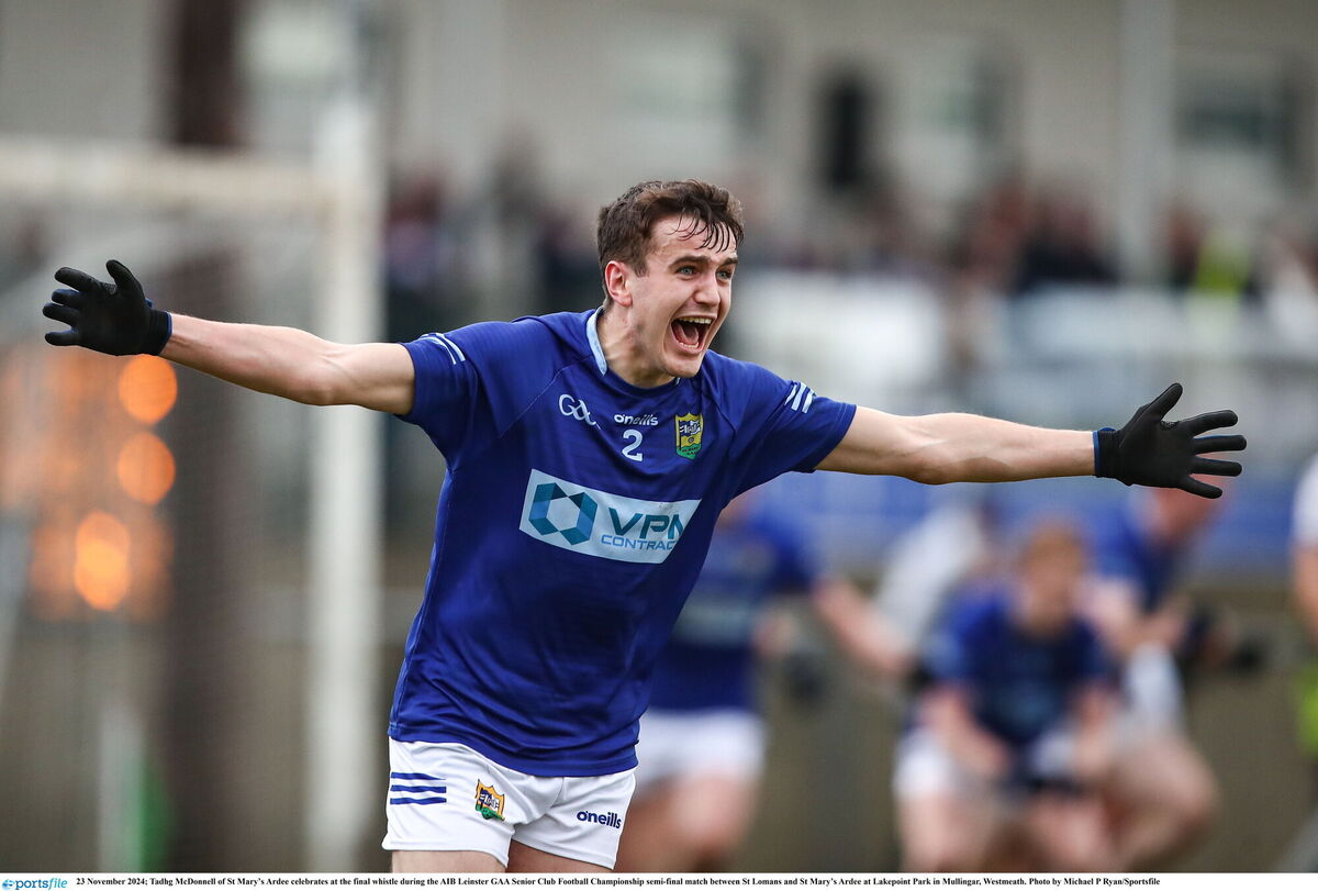 ELATION: Tadhg McDonnell of St Mary’s Ardee celebrates at the final whistle. Picture: Michael P Ryan/Sportsfile