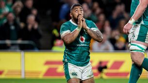 <p>ALL-CONSUMING: Ireland's Bundee Aki celebrates his try against Fiji. Picture: ©INPHO/Ben Brady</p>