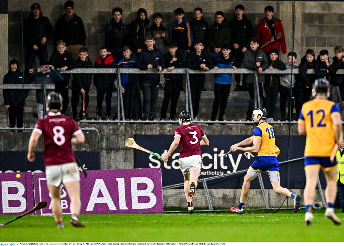 Sean Ryan of Na Fianna scores his side's first goal during the Leinster Club SHC semi-final against St Martin's. Photo by Sam Barnes/Sportsfile Sean Ryan of Na Fianna scores his side's first goal during the Leinster Club SHC semi-final against St Martin's. Photo by Sam Barnes/Sportsfile