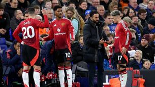 <p>NEW ERA: Ruben Amorim, Head Coach of Manchester United, interacts with Alejandro Garnacho of Manchester United as team mates Marcus Rashford and Diogo Dalot. Picture: Richard Pelham/Getty Images</p>