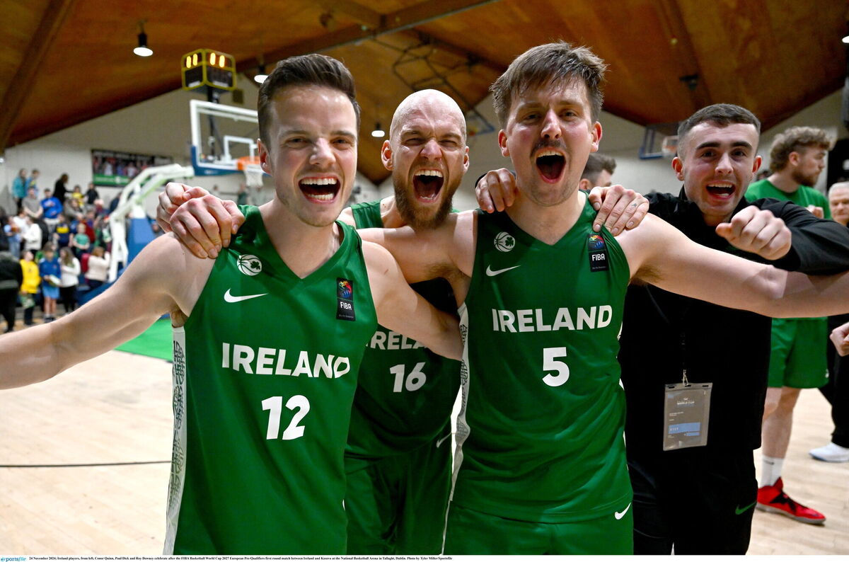 Ireland players, from left, Conor Quinn, Paul Dick and Roy Downey celebrate. Pic: Tyler Miller/Sportsfile