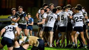 <p>Ulster University players celebrate at the final whistle of the 2024 Sigerson Cup final against UCD. Photo by Brendan Moran/Sportsfile </p>