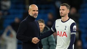 <p>Manchester City manager Pep Guardiola shakes hands with Tottenham Hotspur's James Maddison. Pic: Martin Rickett/PA Wire.</p>