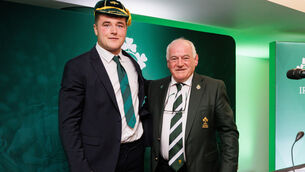 <p>Ireland's Gus McCarthy is presented with his first cap by IRFU President Declan Madden. Pic: INPHO/Ben Brady</p>