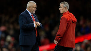 <p>Wales' Head Coach Warren Gatland and Rob Howley during the Autumn International match at The Principality Stadium, Cardiff.</p>