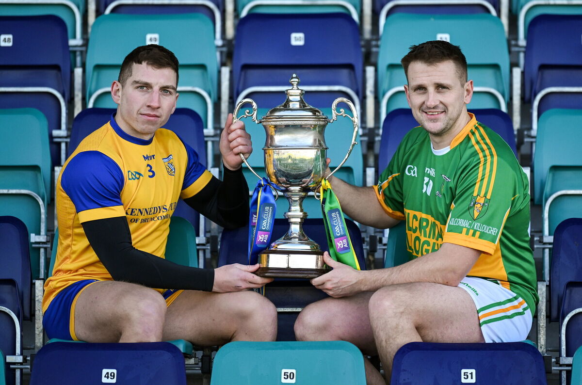 Na Fianna hurler Kevin Burke, left, and Kilcormac Killoughey hurler Conor Slevin with the O'Neill cup during the launch of the AIB GAA Leinster Club SHC final. Picture: Brendan Moran/Sportsfile