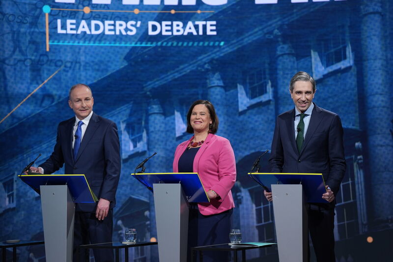 Micheál Martin, Mary Lou McDonald and Simon Harris during the final TV leaders' debate,