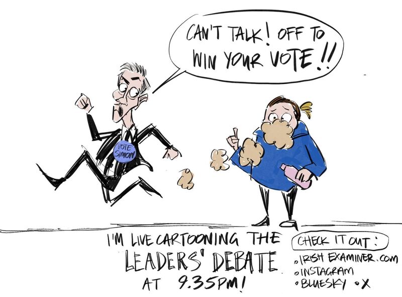 Cartoonist Harry Burton's take on the recent interaction between Simon Harris and carer Charlotte Fallon in Kanturk, Co Cork.