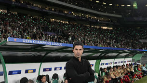 <p>Mikel Arteta’s side scored five times in Portugal. Pic: Armando Franca/AP</p>