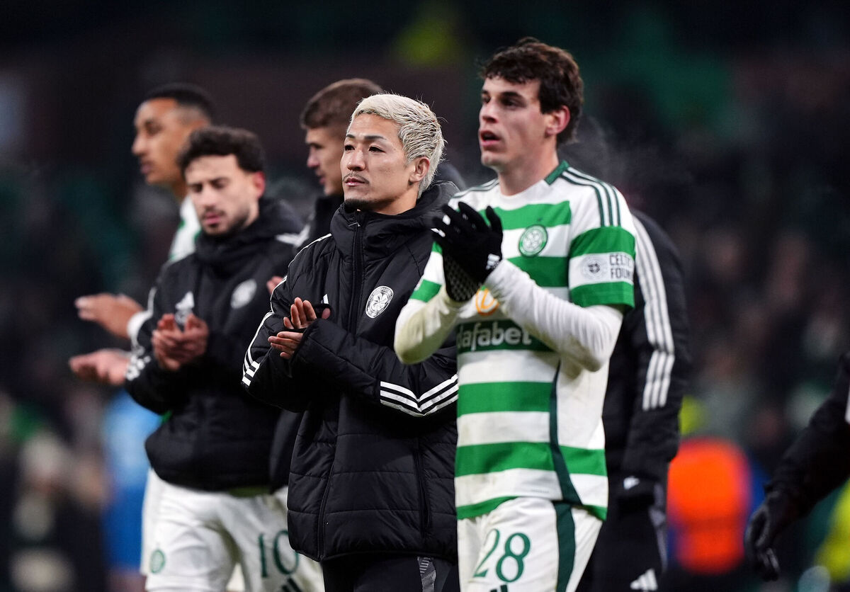 Celtic's Daizen Maeda (centre) after the final whistle