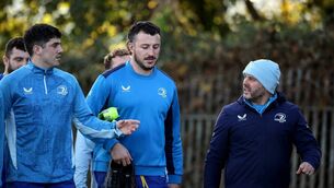 <p>Jimmy O'Brien and Will Connors on the way to training with Leinster Rugby Kicking Coach &amp; Head Analyst Emmet Farrell earlier this week, both Kildare men start against Ulster on Friday Pic:  INPHO/Ben Brady</p>