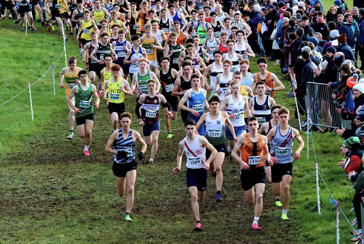 Frank, front left, gets off to a strong start at the U20s men’s race in Co Fermanagh, storming to the head of the pack. Picture: Perri Williams
                    