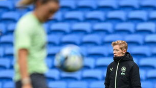 <p>Head coach Eileen Gleeson and Katie McCabe during a Republic of Ireland women training session at Cardiff City Stadium in Wales. Photo by Stephen McCarthy/Sportsfile</p>