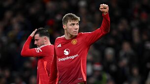 <p>BRACE: Rasmus Hojlund of Manchester United celebrates scoring second goal. Picture: Justin Setterfield/Getty Images</p>
