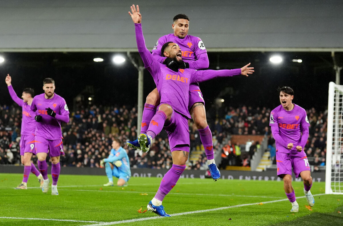 Wolverhampton Wanderers' Matheus Cunha (centre) celebrates after scoring. Pic: Zac Goodwin/PA Wire.