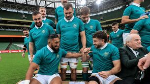 <p>Bundee Aki and Caelan Doris during Ireland's captain's run. Picture: ©INPHO/Dan Sheridan</p>