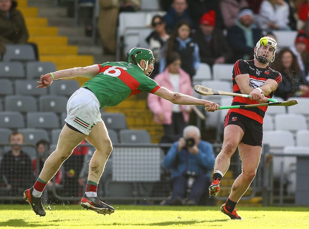  Ballygunner’s Dessie Hutchinson is blocked by Loughmore-Castleiney’s Brian McGrath. Photo: INPHO/Ken Sutton