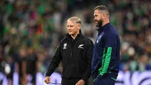 <p>New Zealand assistant coach Joe Schmidt, left, and Ireland head coach Andy Farrell before the 2023 Rugby World Cup quarter-final. Photo by Brendan Moran/Sportsfile</p>
