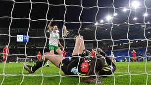 <p>REBOUND: Wales goalkeeper Olivia Clark is caught off her line by Ruesha Littlejohn's speculative effort to gift Ireland the equaliser at the Cardiff City Stadium. Pic: PHarry Murphy/Sportsfile</p>