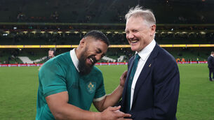 <p>FRIENDS REUNITED: Ireland's Bundee Aki and Australia's Head Coach Joe Schmidt after the game. Pic: INPHO/Billy Stickland</p>