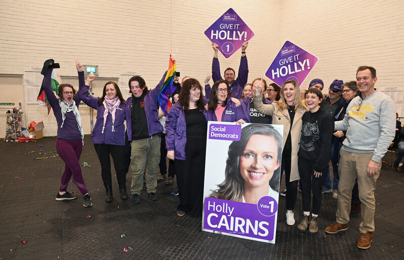 Holly Cairns supporters show their delight in her absence when she was elected in Cork South West at the count centre in Mallow GAA. Picture: Eddie O'Hare