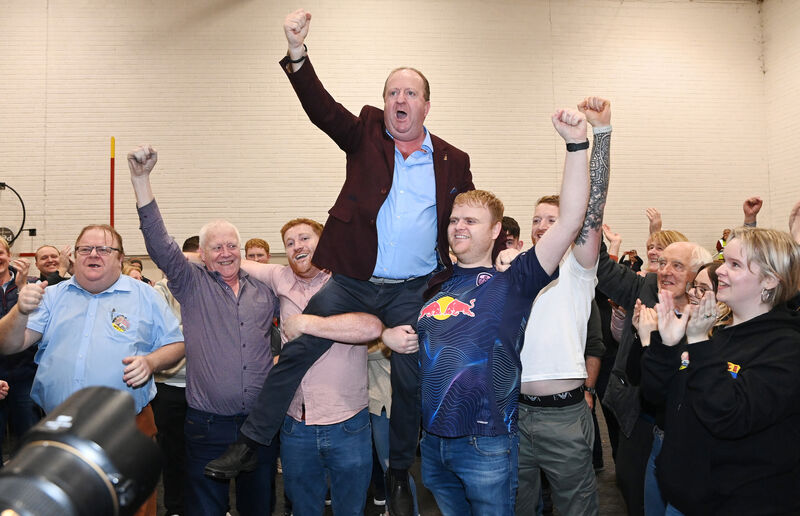 Independent Ireland leader Michael Collins, Cork South West, shows his delight on been elected at the count centre in Mallow GAA. Picture: Eddie O'Hare