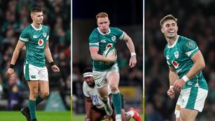 <p>BATTLE FOR TEN: Sam Prendergast, Ciaran Frawley and Jack Crowley urged to push each other and grow together. </p>