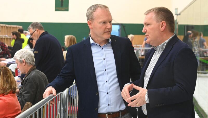 Brothers Seamus McGrath and incoming EU Commissioner Michael McGrath together at the count centre for general election 2024 at Nemo Rangers. Picture: Larry Cummins