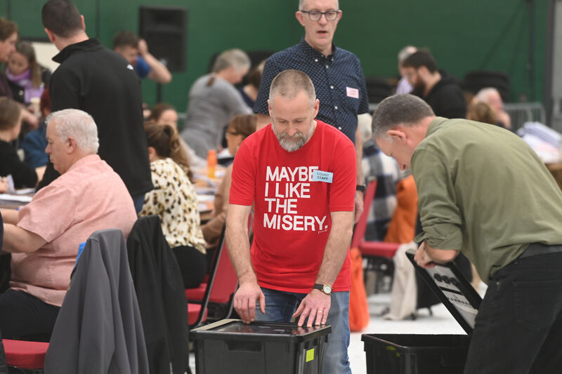 Cian O'Connor wearing a T-Shirt with the message 'Maybe I like the Misery' at the count centre in Nemo. Picture: Larry Cummins