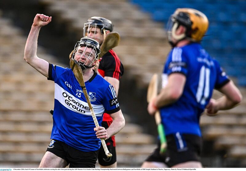 GOAL: Sarsfields' Jack O'Connor celebrates the Cork side's first goal of three in Sunday's shock Munster Club SHC final win over defending champions Ballygunner. Pic: Piaras Ó Mídheach/Sportsfile