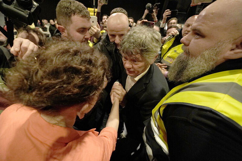 Gerry 'The Monk' Hutch congratulates Marie Sherlock (Labour) at the RDS Simmonscourt count centre after she won the final seat in Dublin Central. Picture: Brian Lawless/PA
