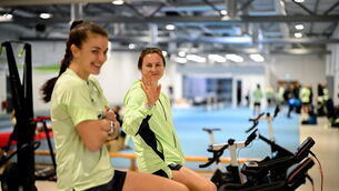 <p>Kyra Carusa and Caitlin Hayes, left, during a  Ireland women's gym and prehab session. Pic: Stephen McCarthy/Sportsfile</p>