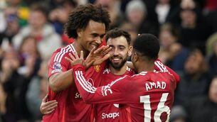 <p>EZEE: Manchester United's Joshua Zirkzee, left, celebrates with teammates after scoring during the English Premier League match against Everton Picture: AP Photo/Dave Thompson</p>