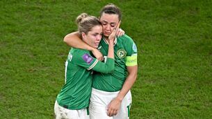 <p>HEARTBREAK: Katie McCabe and Denise O'Sullivan after the defeat. Pic: Sam Barnes/Sportsfile</p>