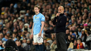 <p>NO FIGHTING: Pep Guardiola (right) has denied there are issues between him and Kevin De Bruyne (left). Pic: Martin Rickett/PA</p>