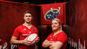 <p>Munster Rugby Players Kate Flannery and Jack Crowley pictured at Thomond Park. Pic: ©INPHO/Ben Brady</p>